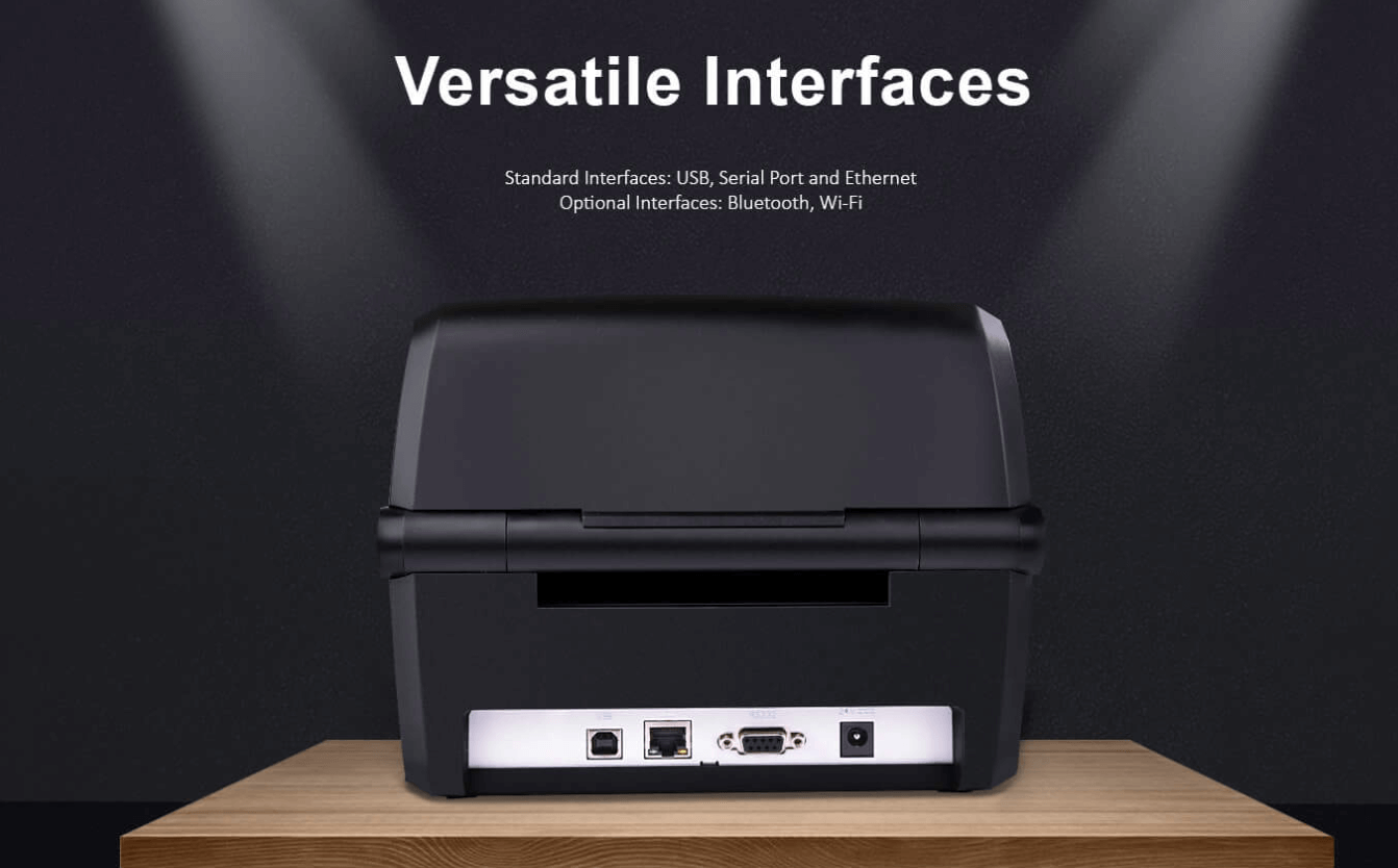 Back view of a pencetak kod bar showing multiple interface ports like USB, Serial, and Ethernet.